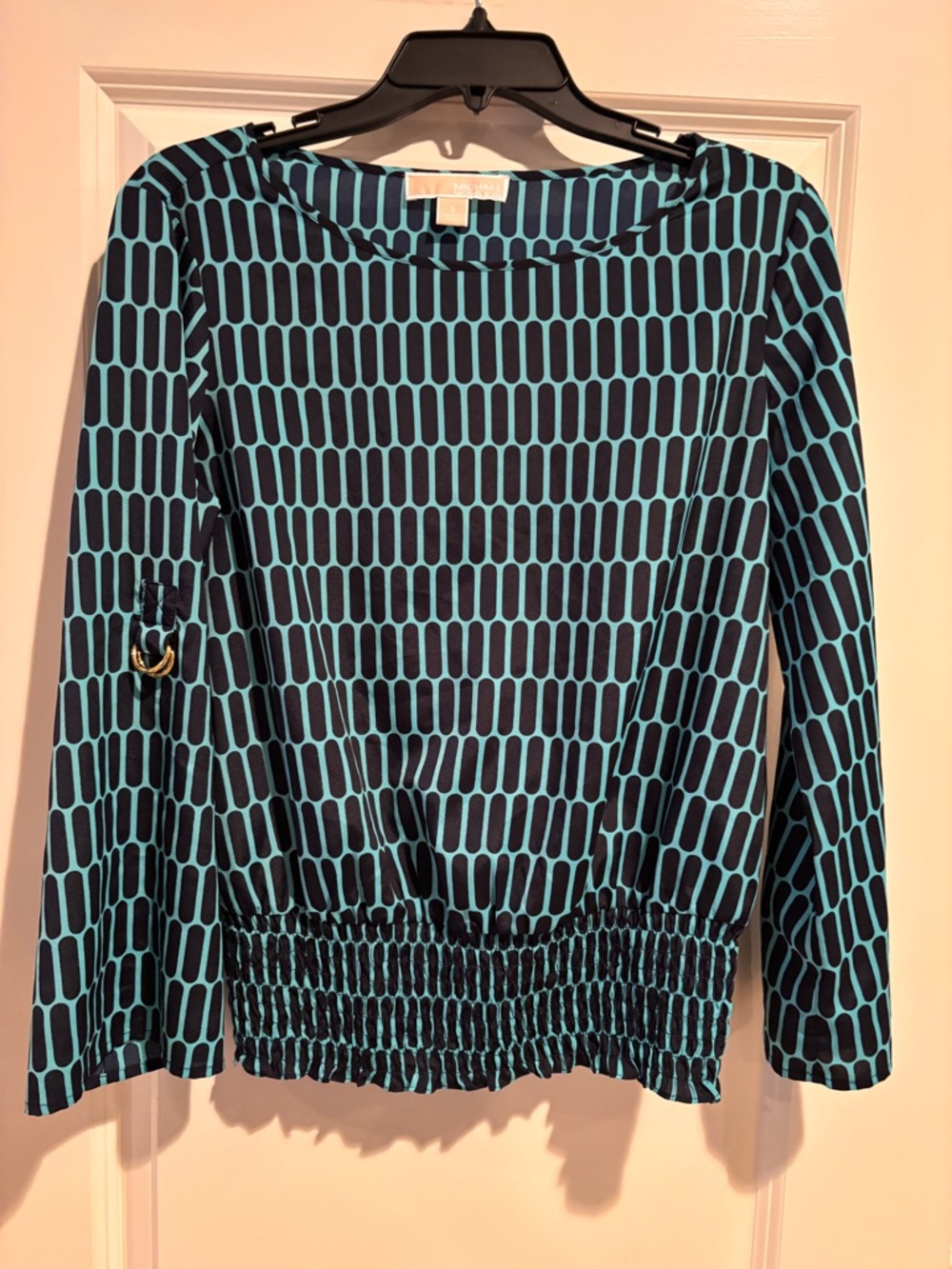 Michael Kors Printed Smocked Waist Top Size S Blue Black Long Sleeve